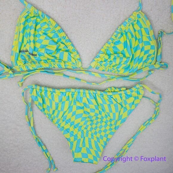 New! Set!  It’s Now Cool x‎ Free People checkered wave lime green bikini set, S - Picture 8 of 15